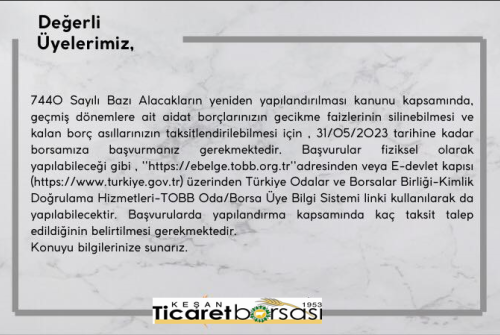 Ai̇dat Ve Tesci̇l Ücretleri̇ni̇n Yapılandırılması İ̇le İ̇lgi̇li̇ 7440 Sayılı Kanun Hakkında Duyuru.