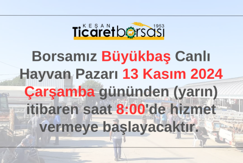 Borsamız Büyükbaş Canlı Hayvan Pazarı 13 Kasım 2024 Çarşamba Gününden (Yarın) İtibaren Saat 08:00 'De Hizmet Vermeye Başlayacaktır.