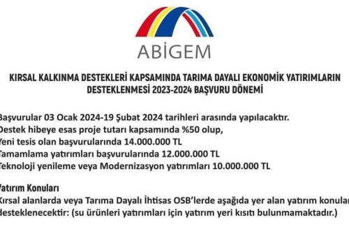 Kırsal Kalkınma Destekleri̇ Kapsamında Tarıma Dayalı Ekonomi̇k Yatırımların Desteklenmesi̇ 2023-2024 Başvuru Dönemi̇