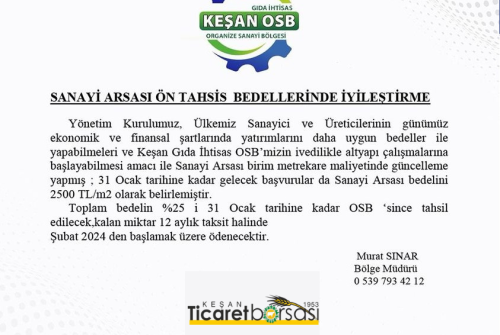 Sanayi̇ Arsası Ön Tahsi̇s Bedelleri̇nde İ̇yi̇leşti̇rme