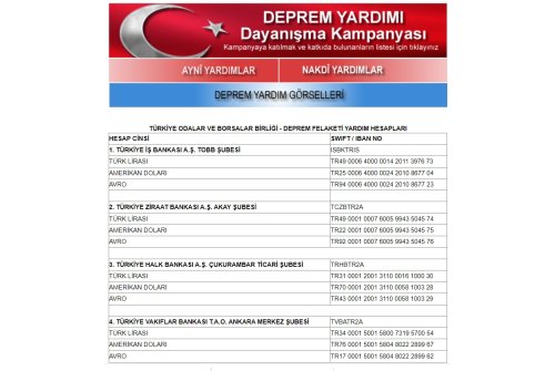 Türki̇ye Odalar Ve Borsalar Bi̇rli̇ği̇ - Deprem Felaketi̇ Yardım Hesapları